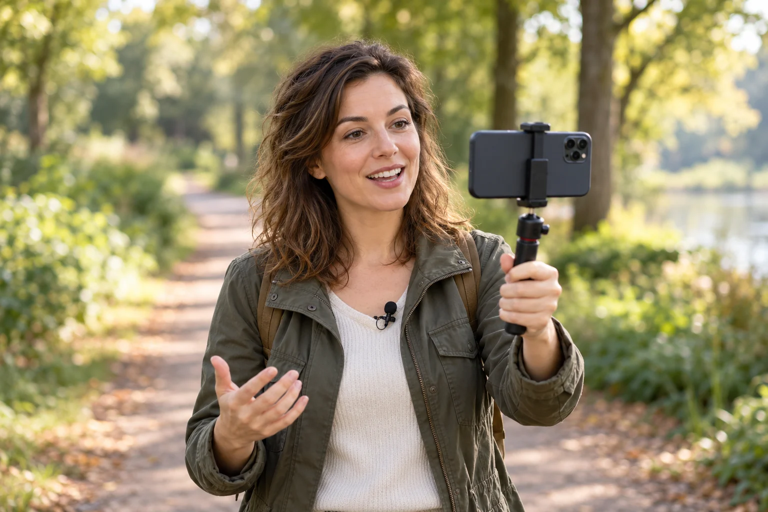 Een vlogger maakt buiten een video met een telefoon op een handgreep
